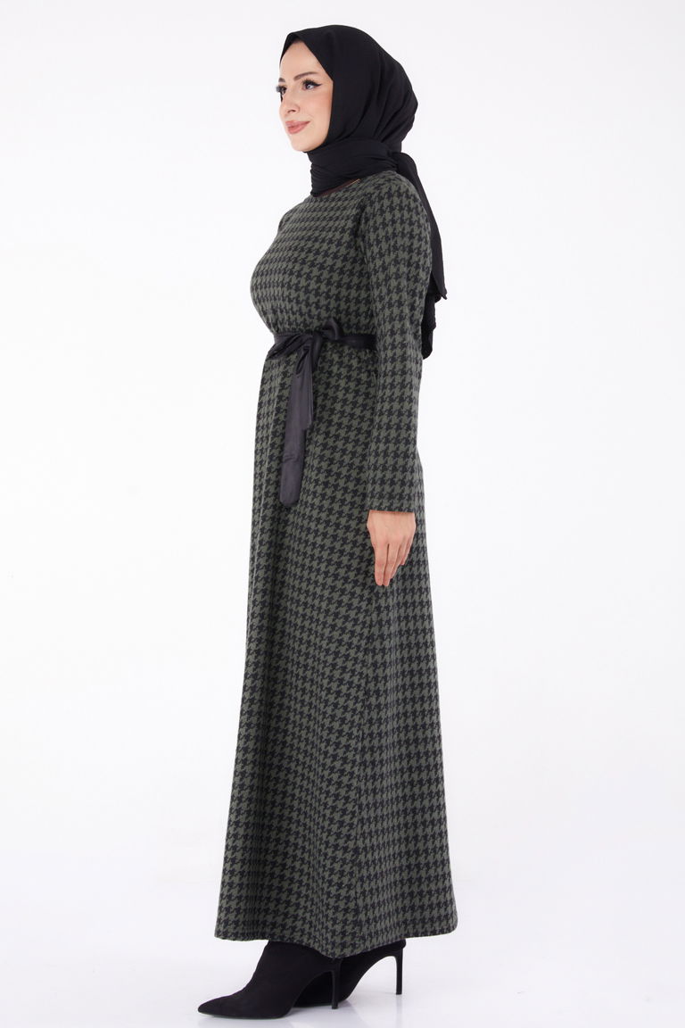 Düz Bisiklet Yaka Kadın Haki Kuşaklı Elbise - 13322 - TOFİSA