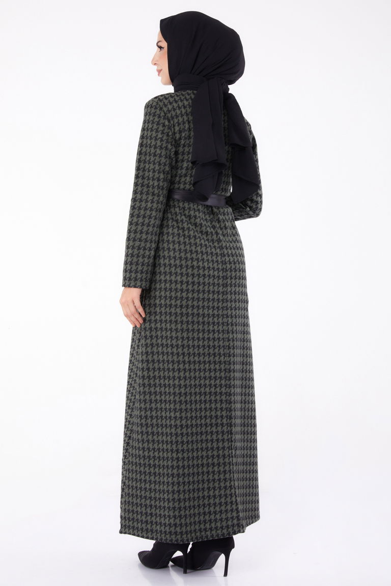 Düz Bisiklet Yaka Kadın Haki Kuşaklı Elbise - 13322 - TOFİSA