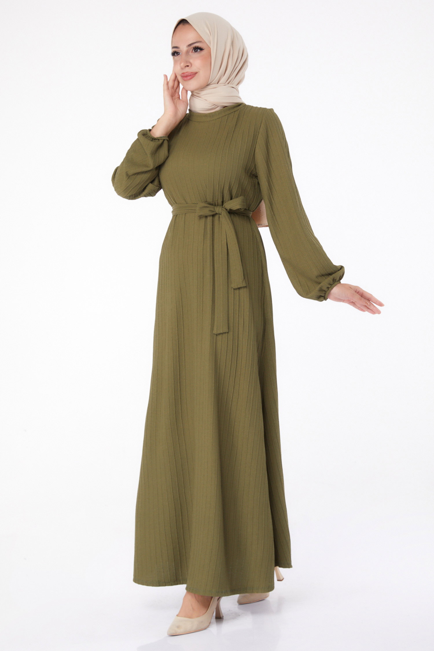 Kuşaklı Elbise Haki - 26281 - 1