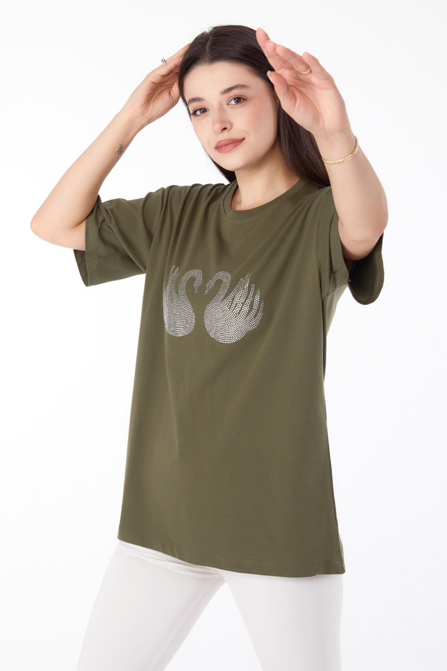 Düz Bisiklet Yaka Kadın Haki Taşlı T-shirt - 25696 - 1