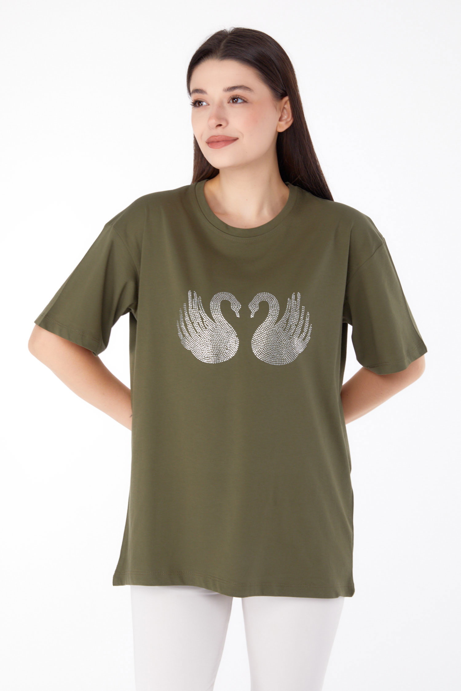 Düz Bisiklet Yaka Kadın Haki Taşlı T-shirt - 25696 - 2