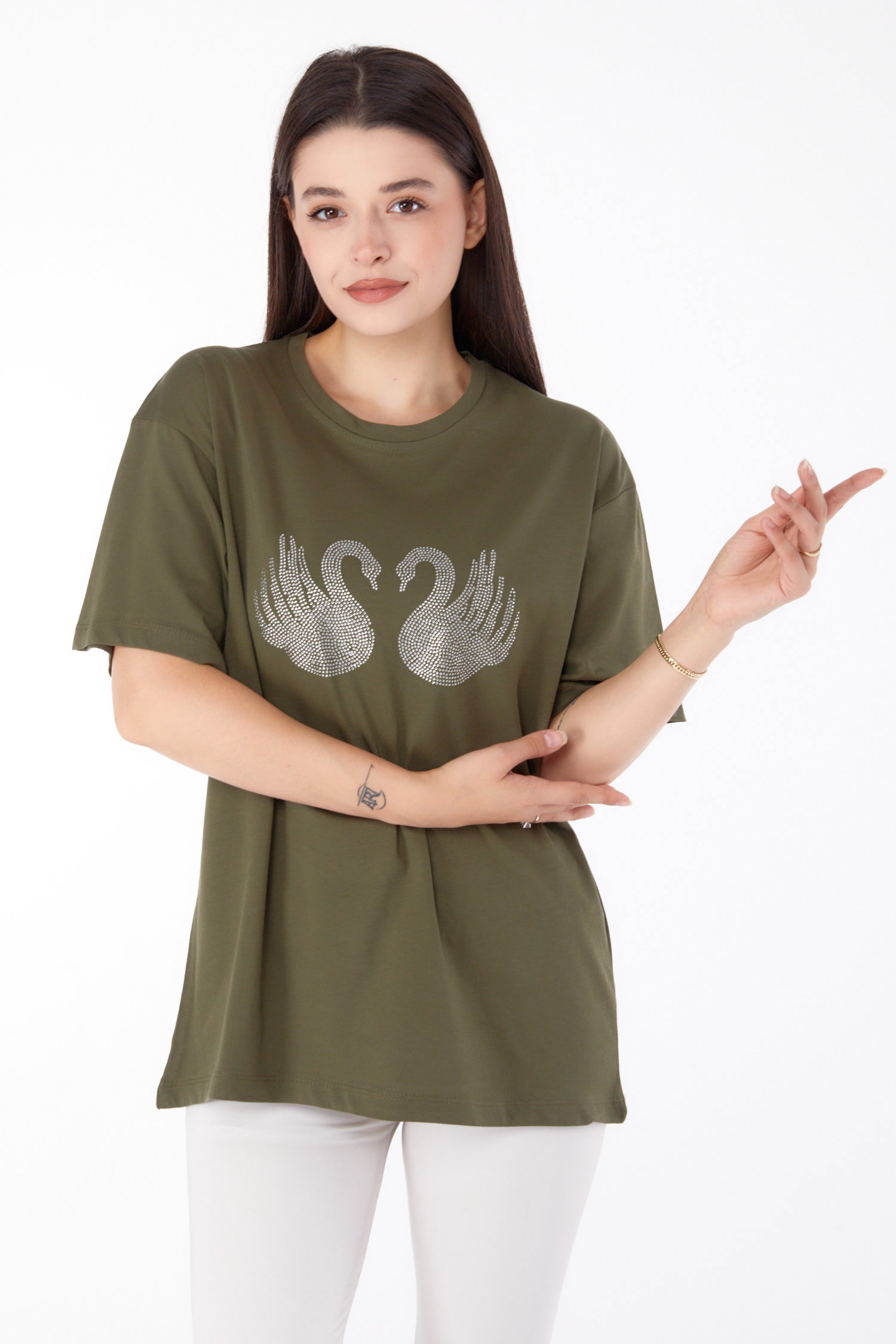 Düz Bisiklet Yaka Kadın Haki Taşlı T-shirt - 25696 - 3