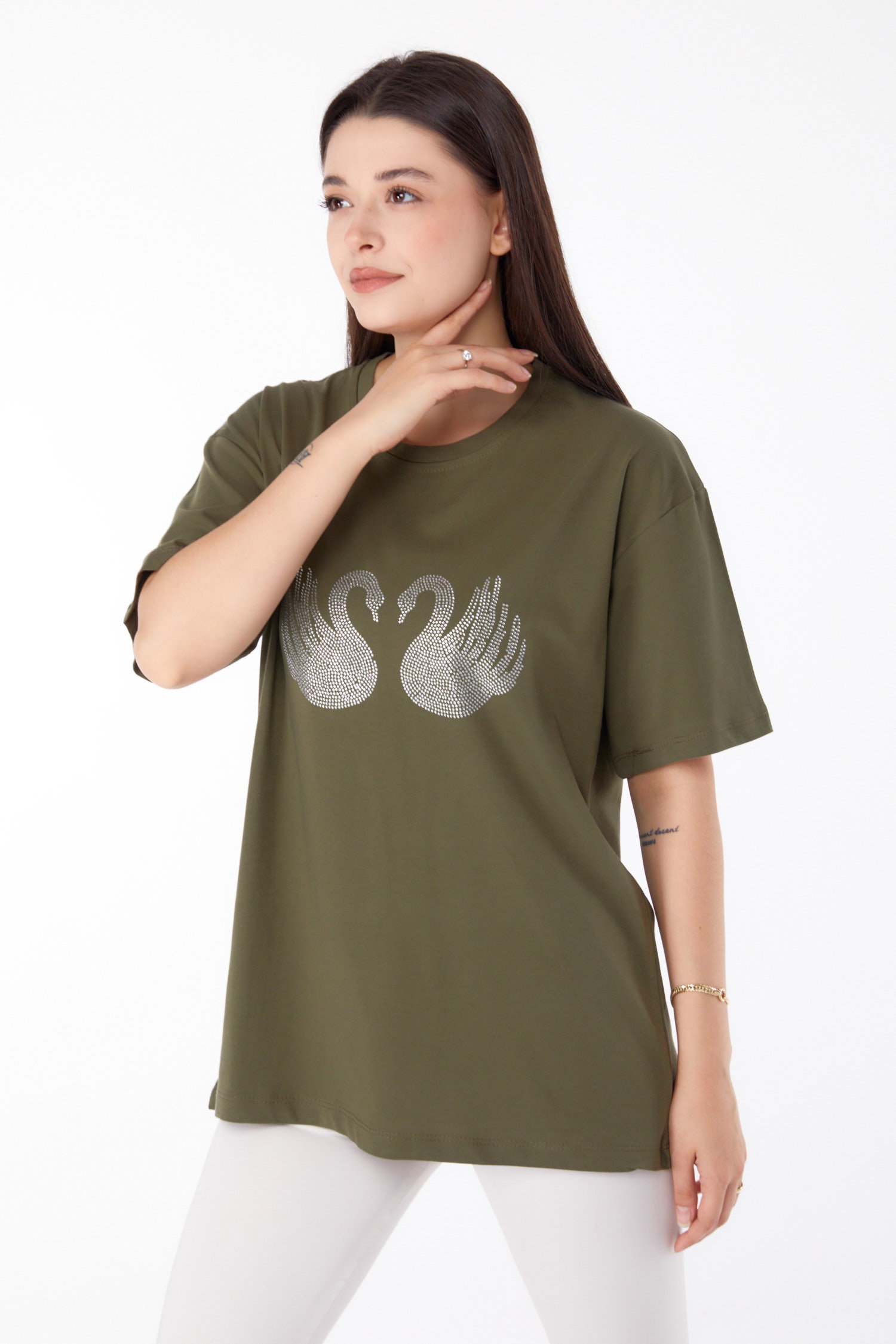 Düz Bisiklet Yaka Kadın Haki Taşlı T-shirt - 25696 - 4
