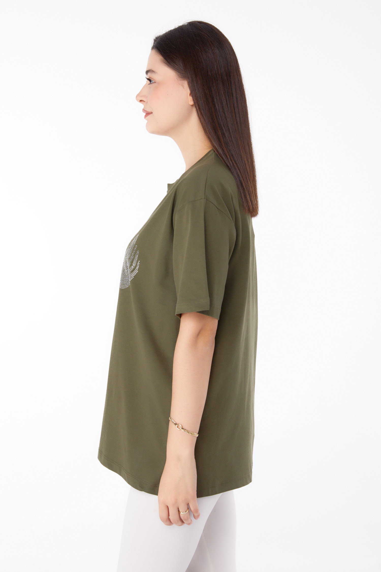 Düz Bisiklet Yaka Kadın Haki Taşlı T-shirt - 25696 - 5