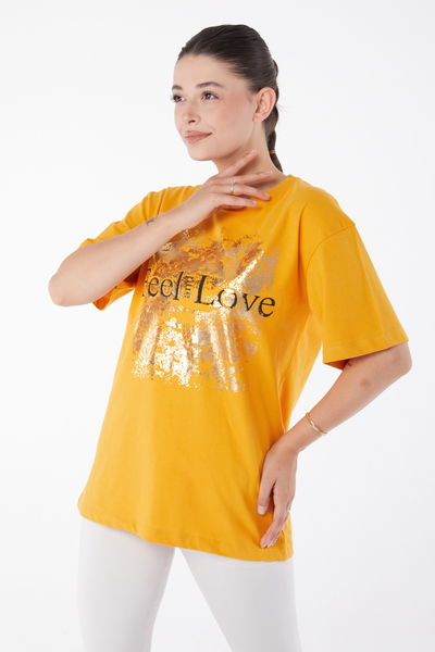 Düz Bisiklet Yaka Kadın Hardal Kısa Kollu Baskılı T-shirt - 25982 