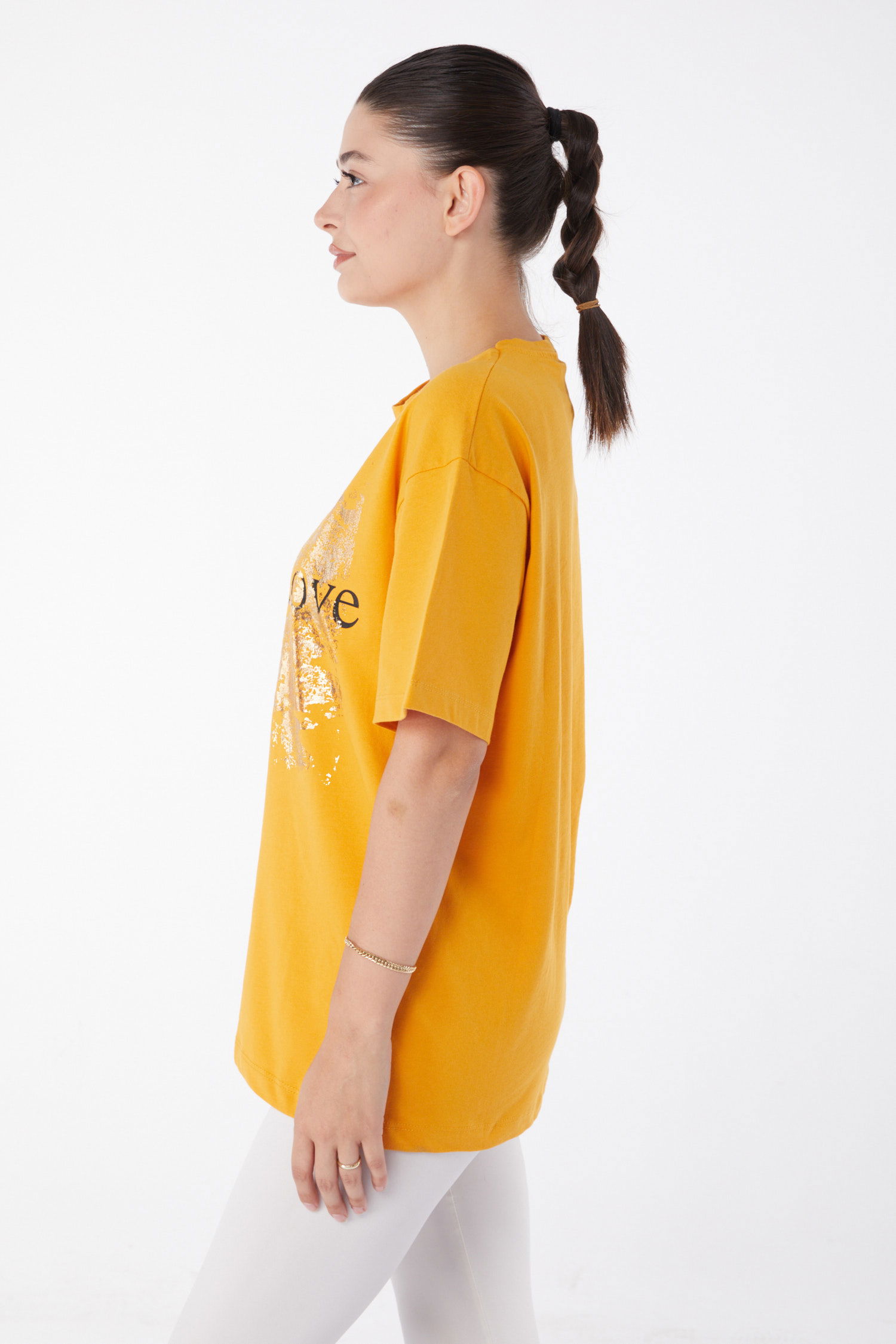 Düz Bisiklet Yaka Kadın Hardal Kısa Kollu Baskılı T-shirt - 25982 - 3