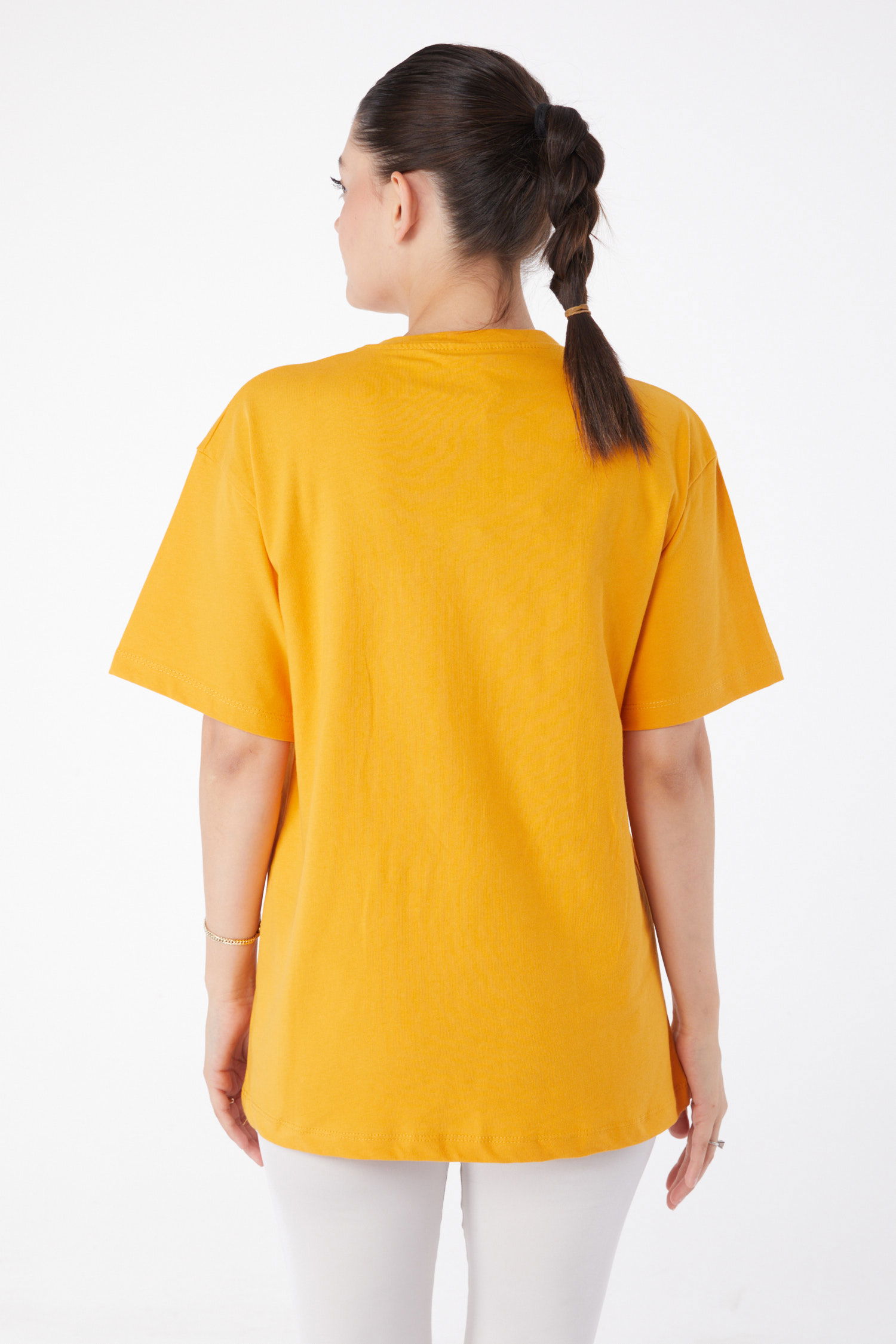 Düz Bisiklet Yaka Kadın Hardal Kısa Kollu Baskılı T-shirt - 25982 - 4