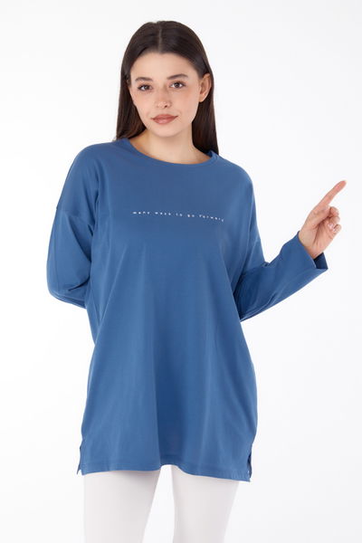 Düz Bisiklet Yaka Kadın Indigo Baskılı Tunik - 25699 