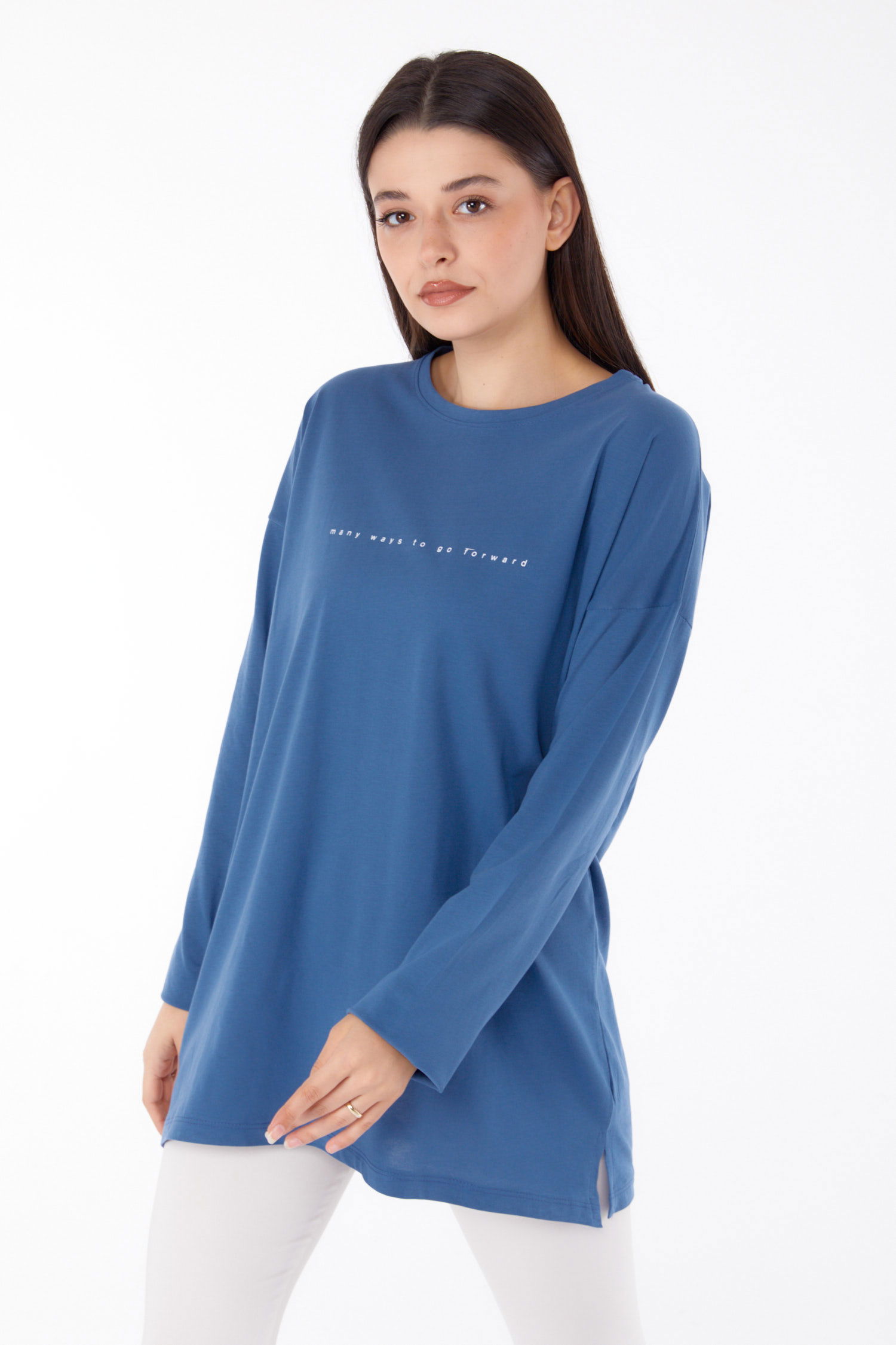 Düz Bisiklet Yaka Kadın Indigo Baskılı Tunik - 25699 - 2