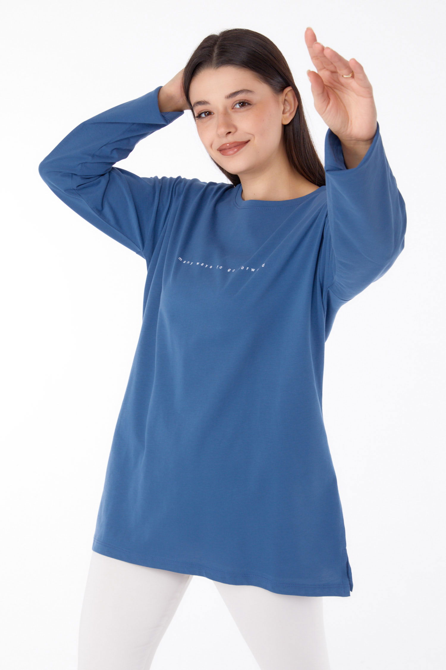 Düz Bisiklet Yaka Kadın Indigo Baskılı Tunik - 25699 - 3