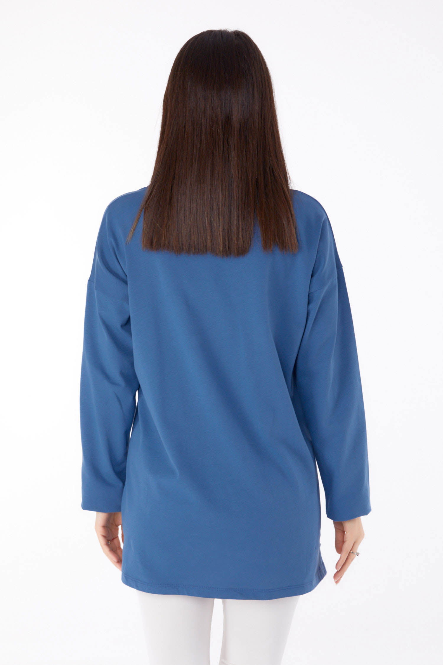 Düz Bisiklet Yaka Kadın Indigo Baskılı Tunik - 25699 - 5