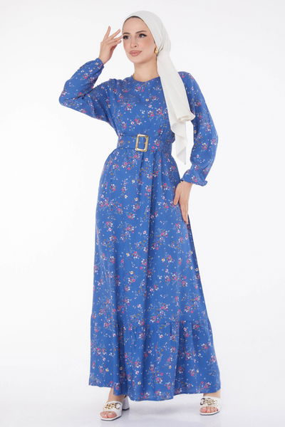 Düz Bisiklet Yaka Kadın Indigo Çicek Desenli Elbise - 25706 