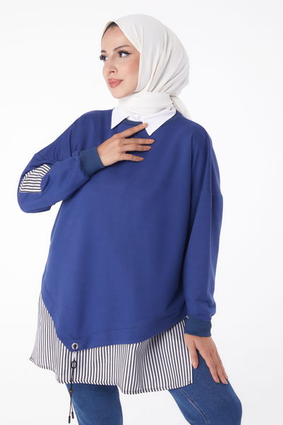 Düz Bisiklet Yaka Kadın Indigo Çizgili Sweat - 26222 