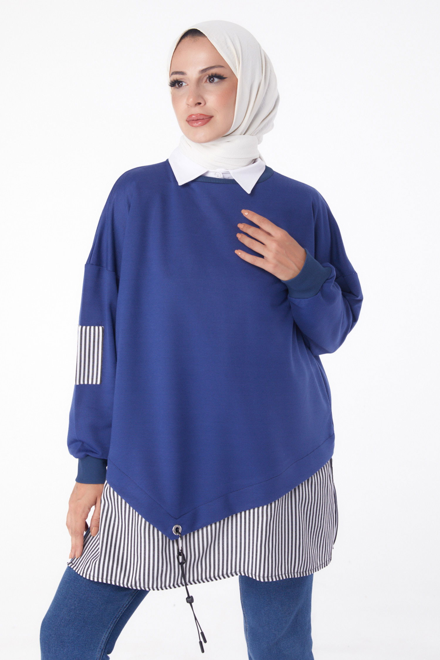 Düz Bisiklet Yaka Kadın Indigo Çizgili Sweat - 26222 - 2