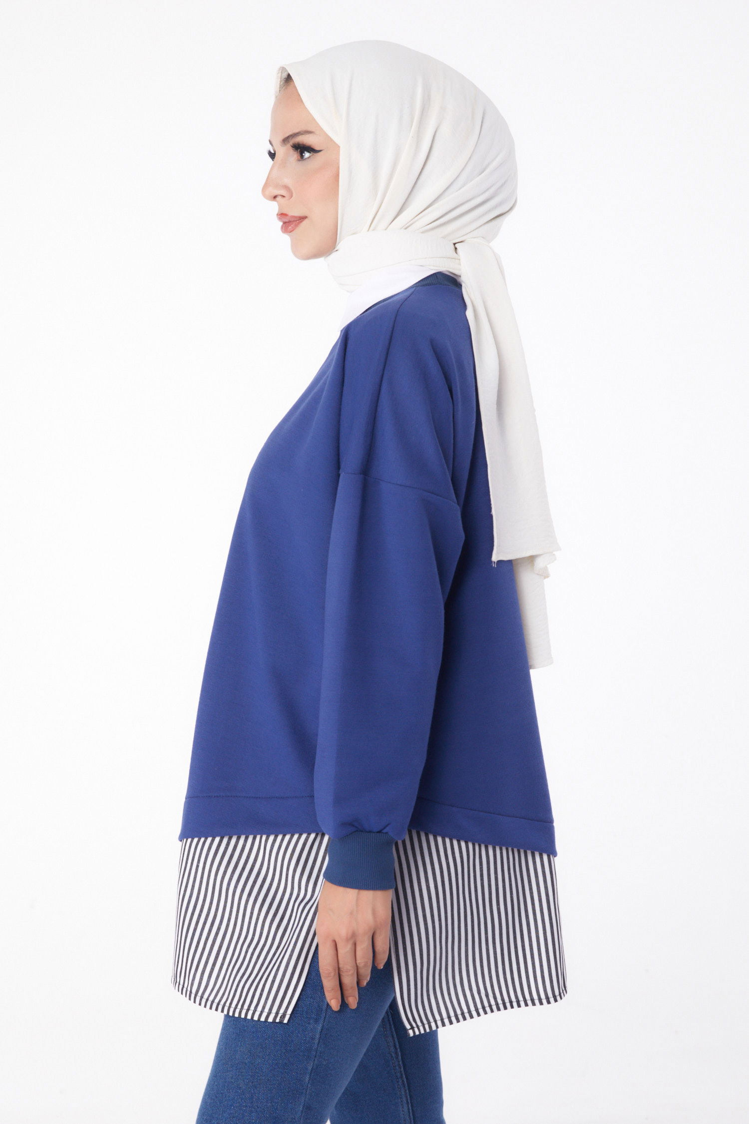 Düz Bisiklet Yaka Kadın Indigo Çizgili Sweat - 26222 - 3
