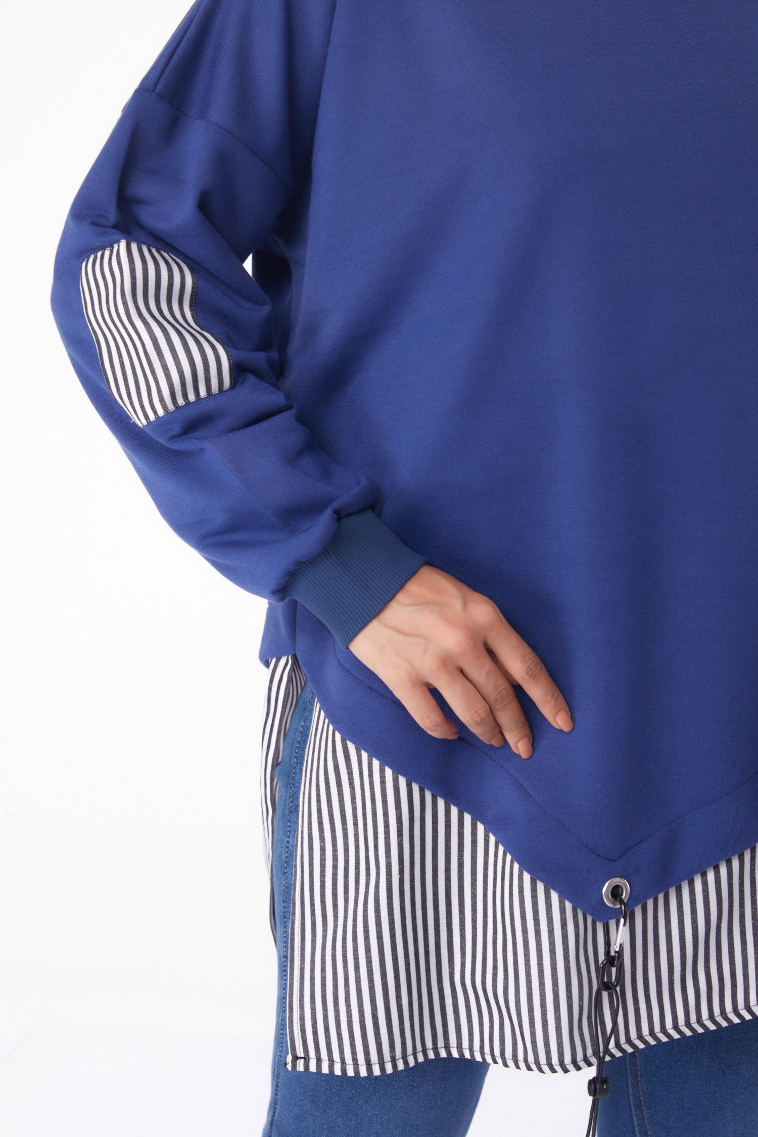 Düz Bisiklet Yaka Kadın Indigo Çizgili Sweat - 26222 - 5
