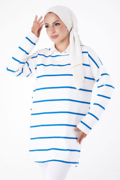 Düz Bisiklet Yaka Kadın Indigo Çizgili Sweat - 26243 