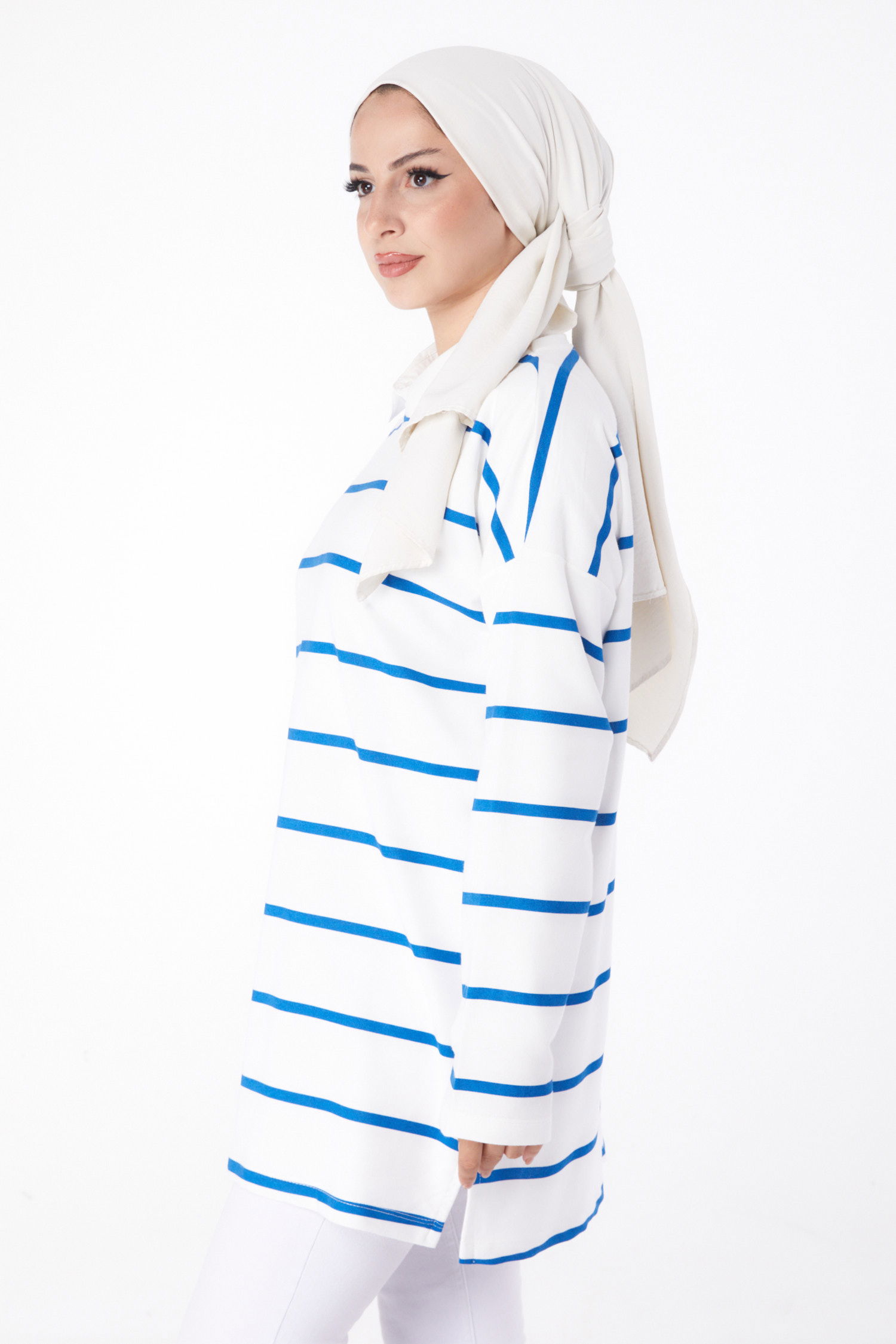 Düz Bisiklet Yaka Kadın Indigo Çizgili Sweat - 26243 - 4