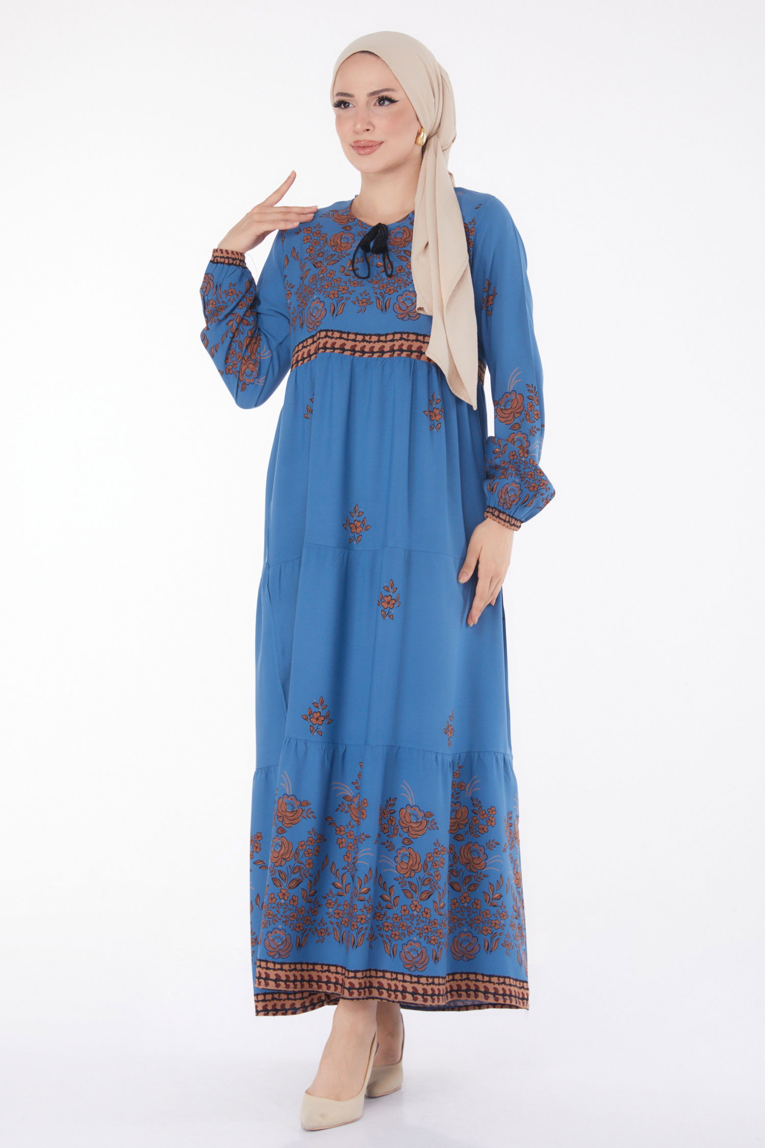 Düz Bisiklet Yaka Kadın Indigo Desenli Elbise - 25100 - 1