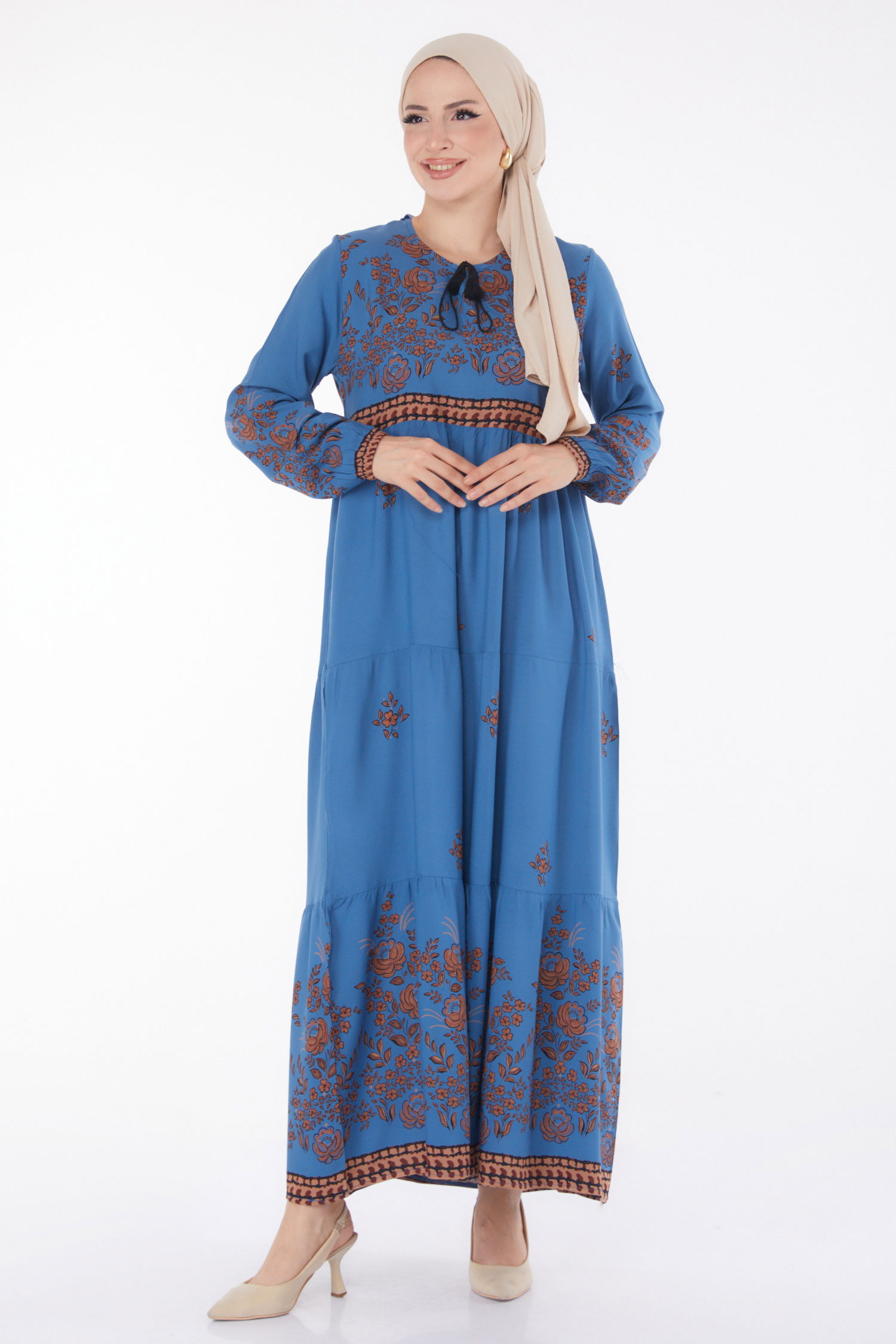 Düz Bisiklet Yaka Kadın Indigo Desenli Elbise - 25100 - 2