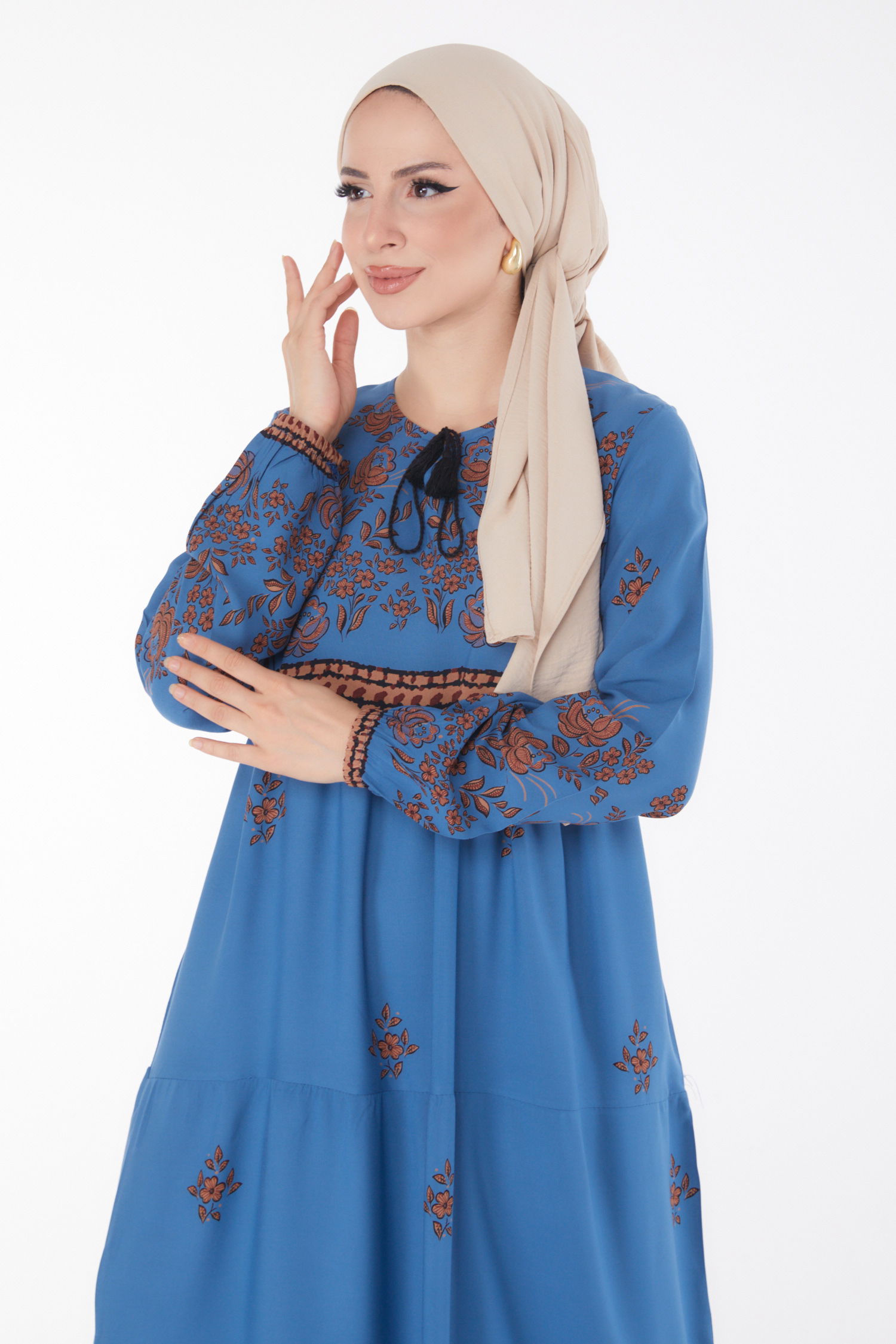 Düz Bisiklet Yaka Kadın Indigo Desenli Elbise - 25100 - 3