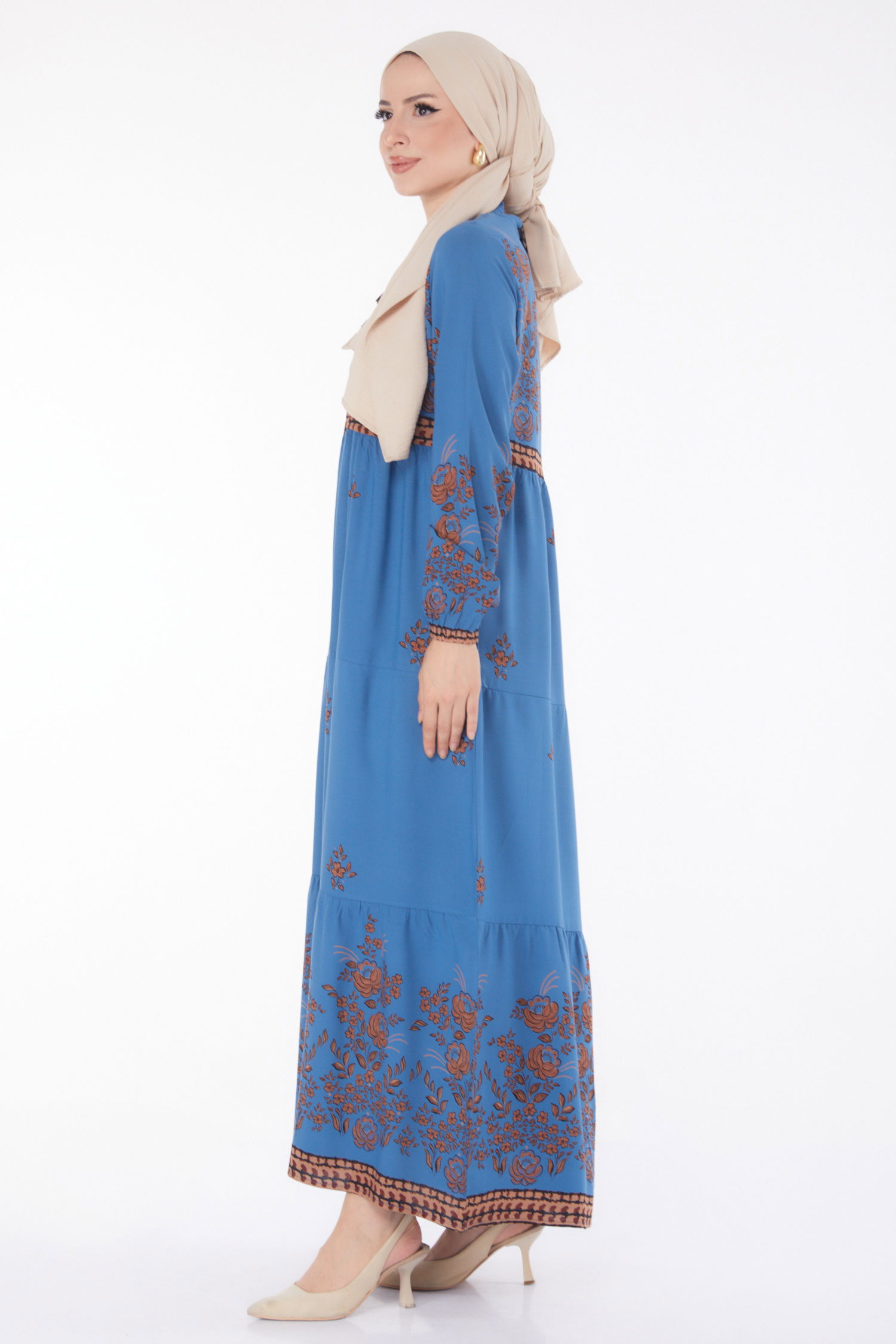 Düz Bisiklet Yaka Kadın Indigo Desenli Elbise - 25100 - 4