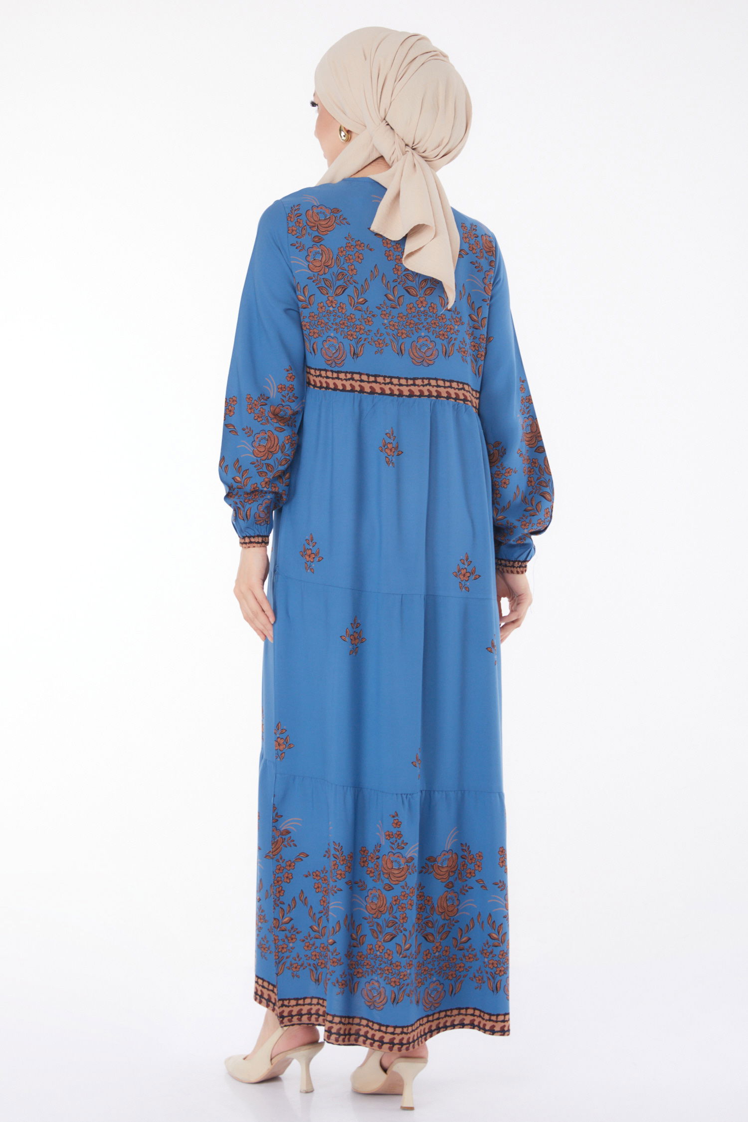 Düz Bisiklet Yaka Kadın Indigo Desenli Elbise - 25100 - 5
