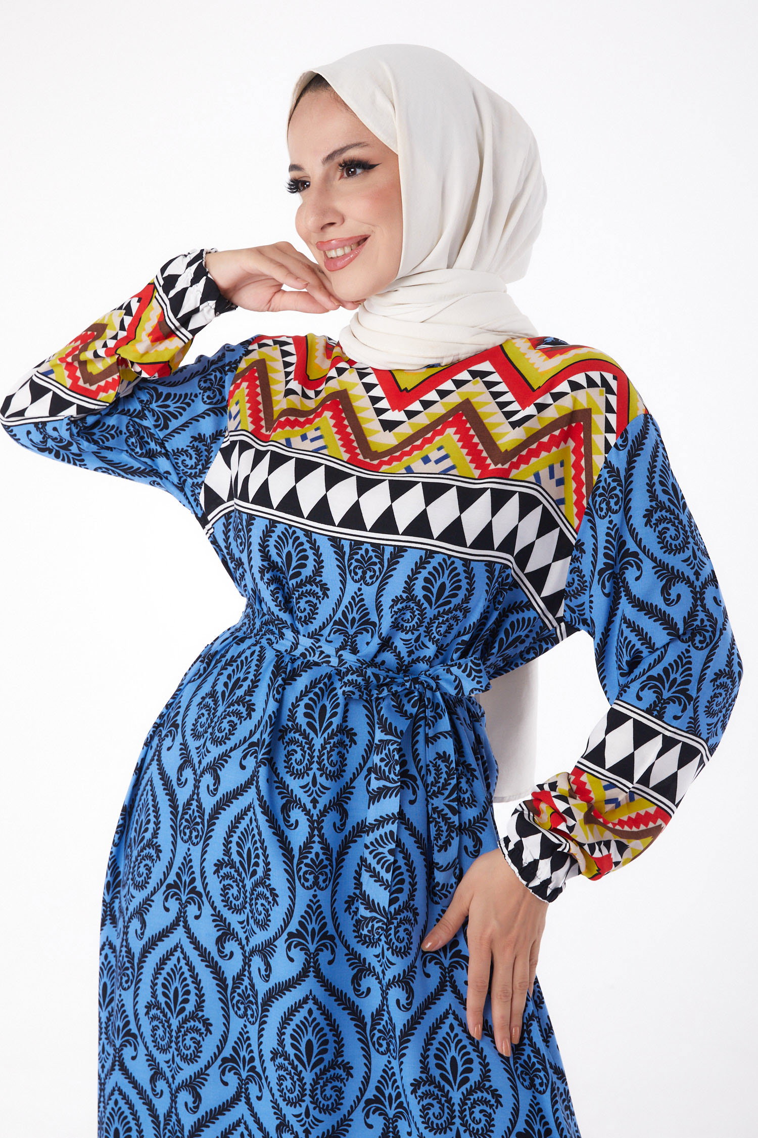 Düz Bisiklet Yaka Kadın Indigo Desenli Elbise - 26233 - 2