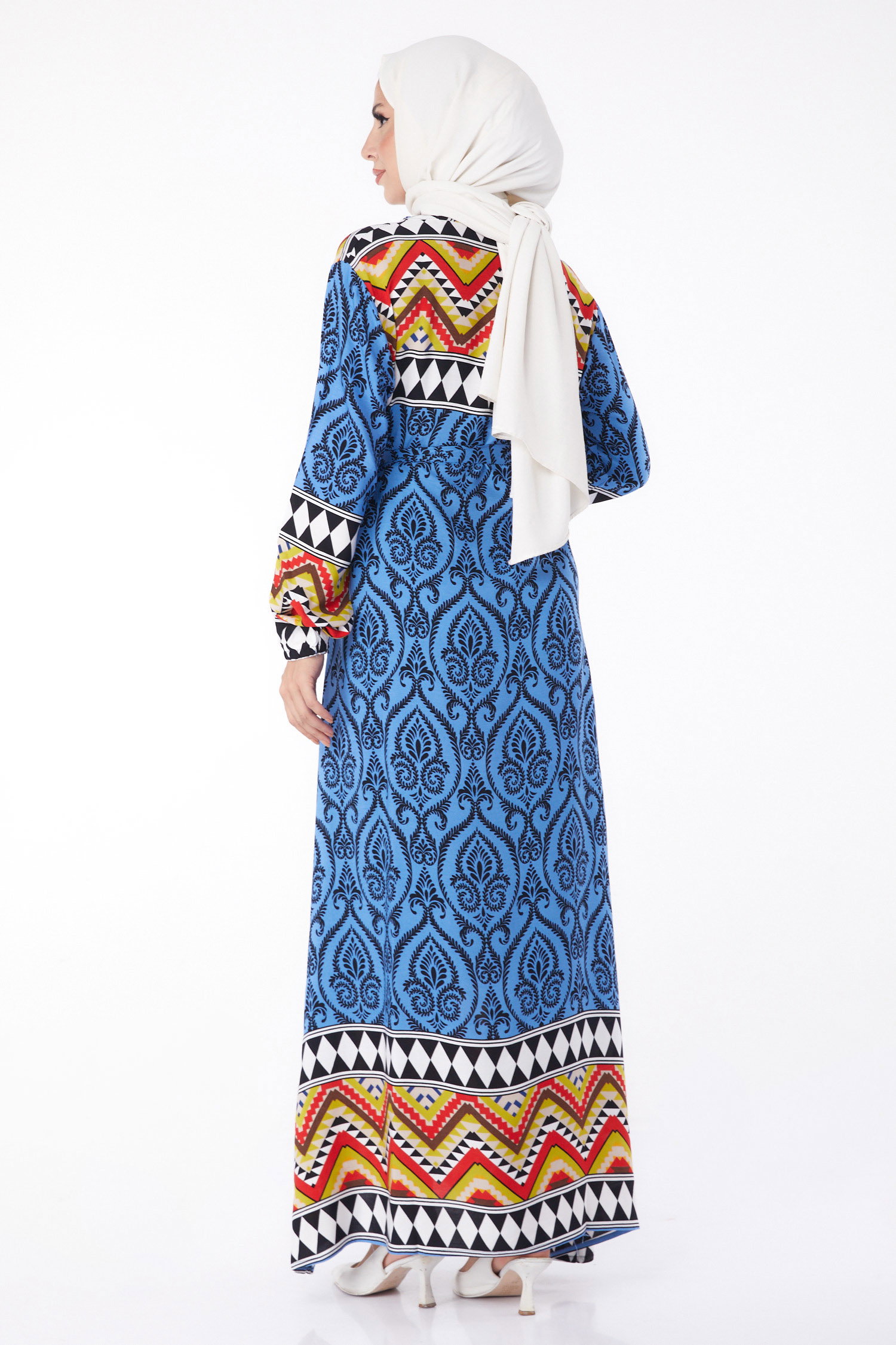 Düz Bisiklet Yaka Kadın Indigo Desenli Elbise - 26233 - 5