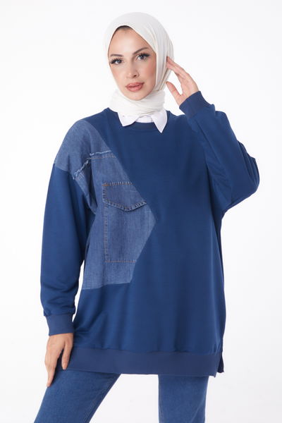 Düz Bisiklet Yaka Kadın Indigo Garnili Sweat - 26224 