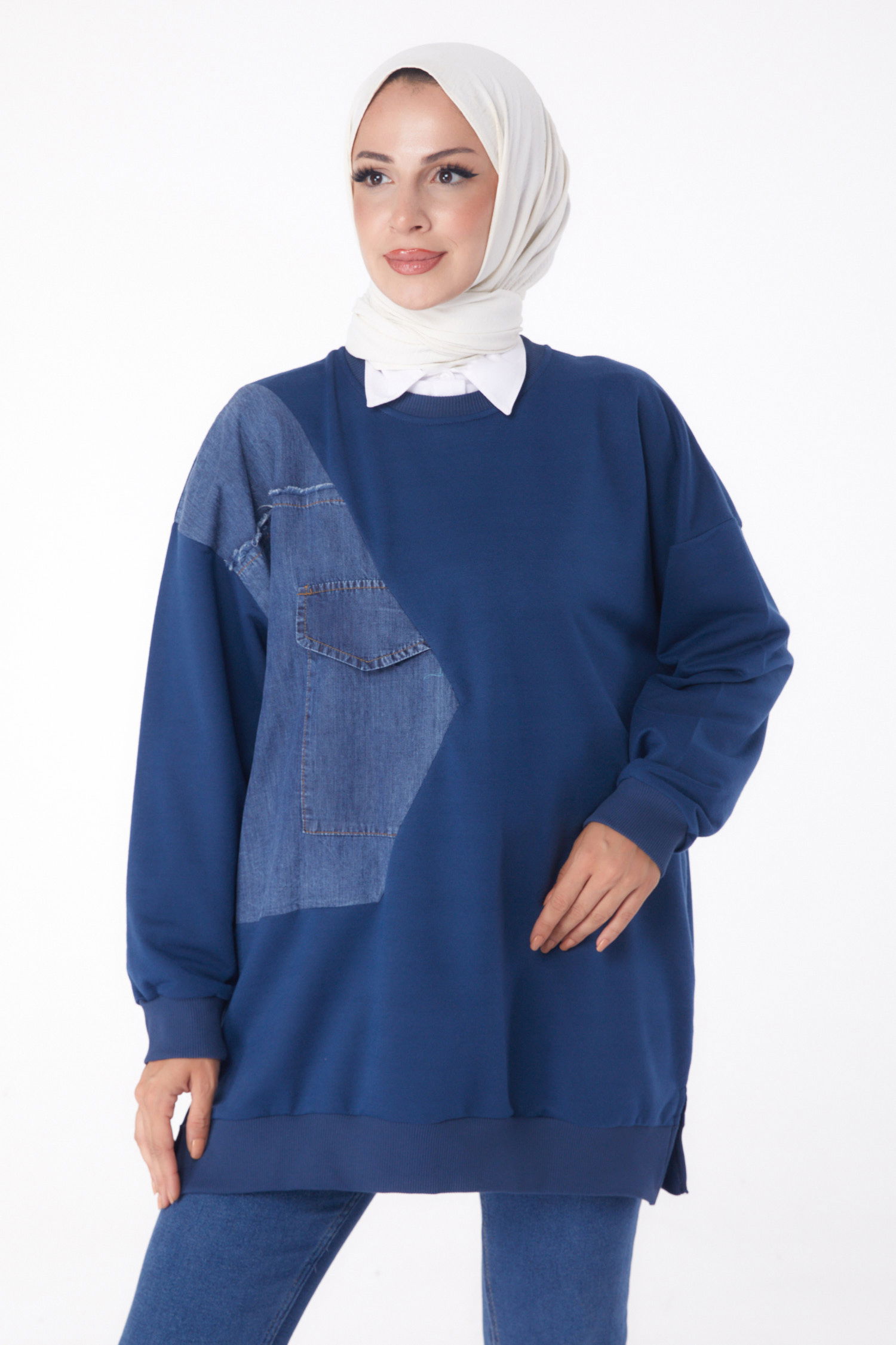 Düz Bisiklet Yaka Kadın Indigo Garnili Sweat - 26224 - 2