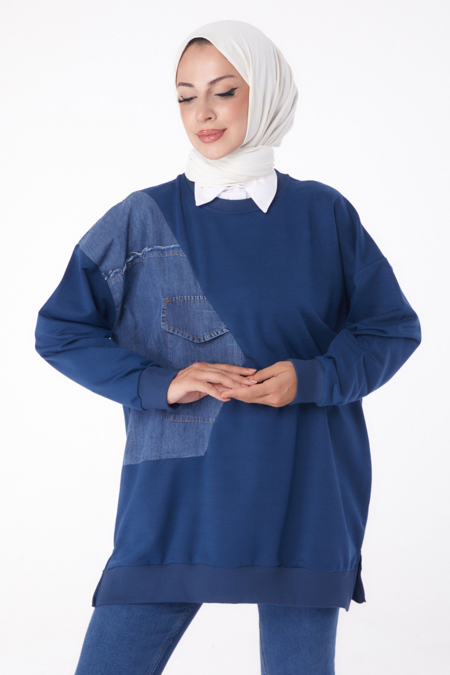 Düz Bisiklet Yaka Kadın Indigo Garnili Sweat - 26224 - 3