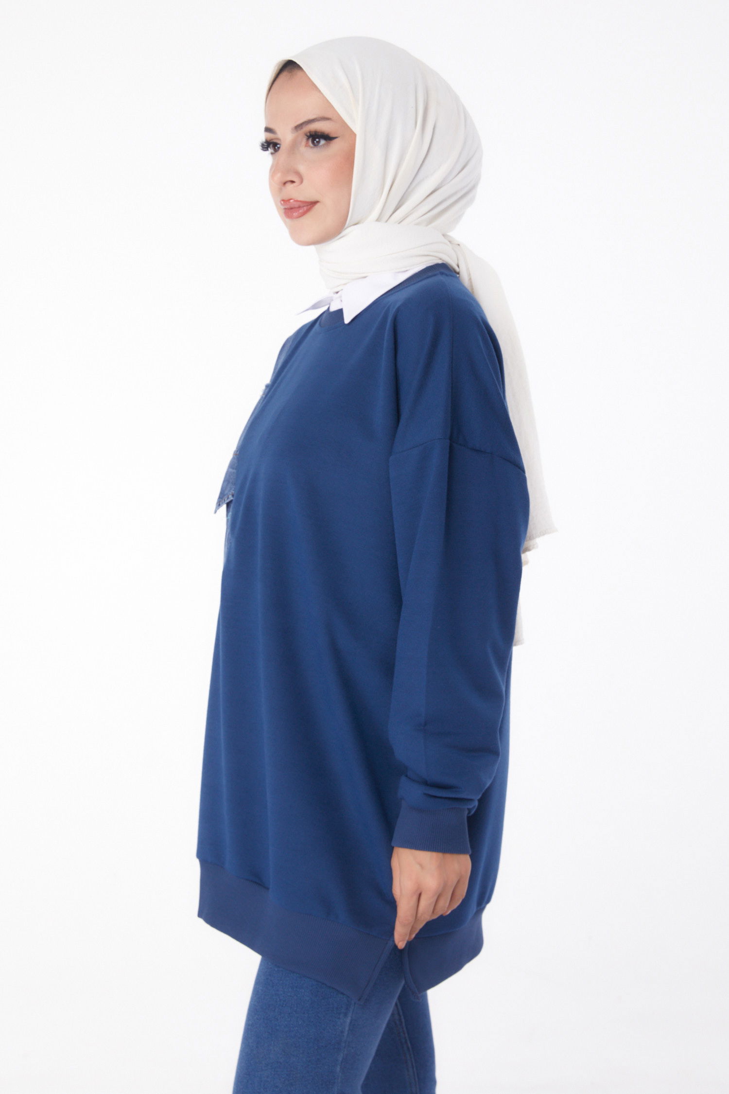 Düz Bisiklet Yaka Kadın Indigo Garnili Sweat - 26224 - 4