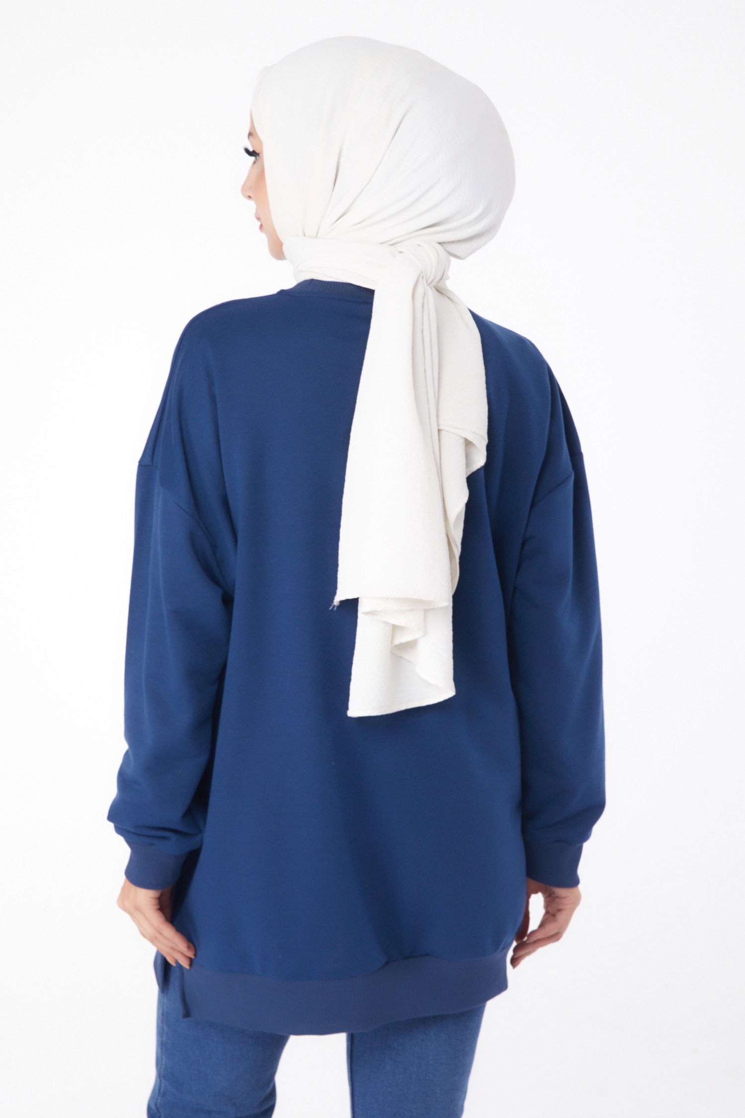 Düz Bisiklet Yaka Kadın Indigo Garnili Sweat - 26224 - 5
