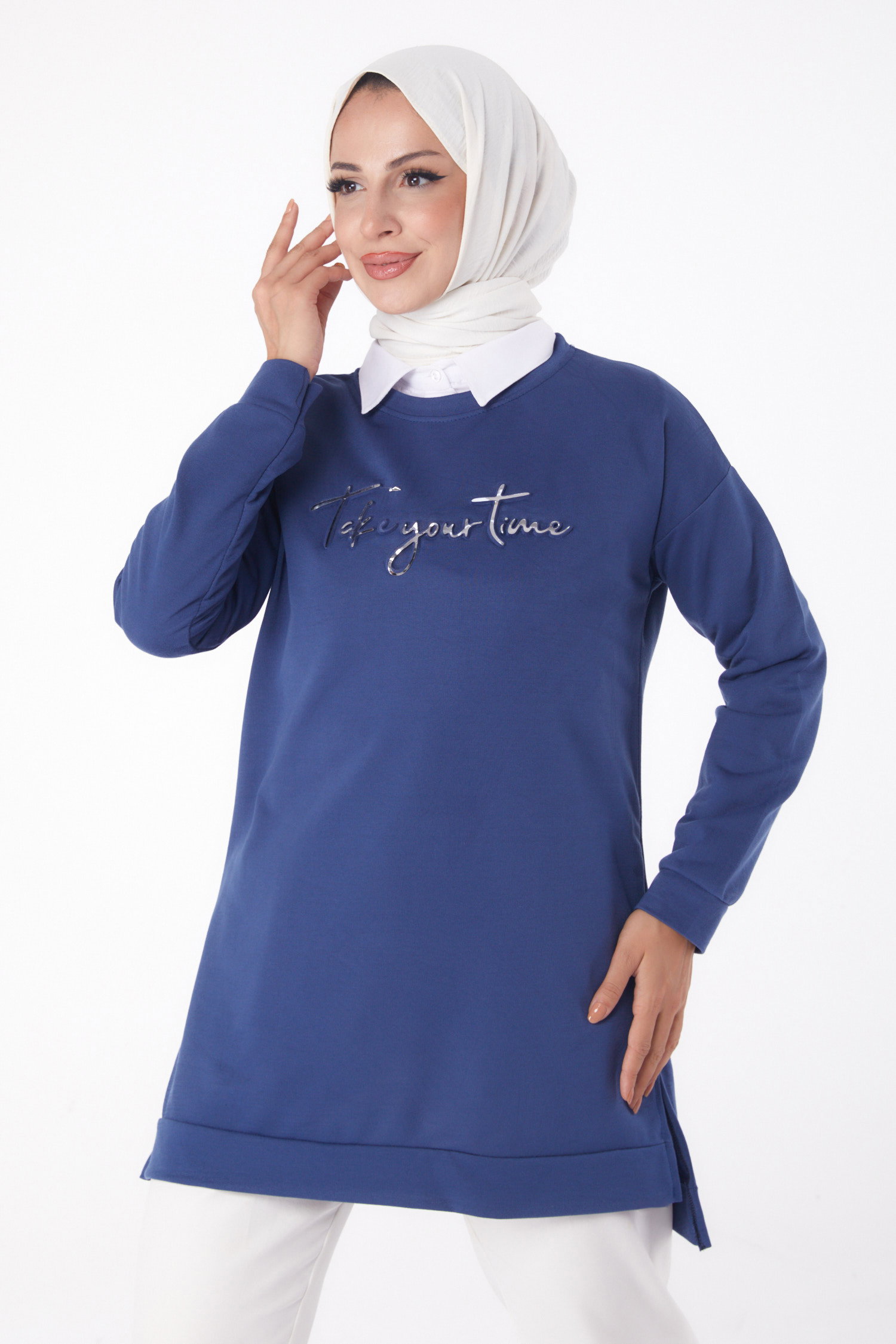 Düz Bisiklet Yaka Kadın Indigo Sweat - 26199 - 1