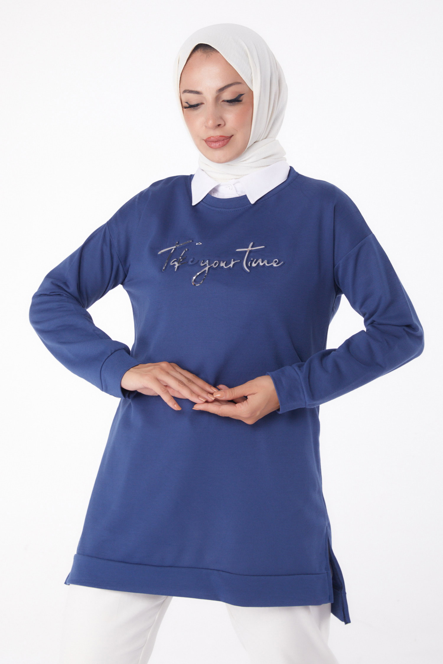 Düz Bisiklet Yaka Kadın Indigo Sweat - 26199 - 2