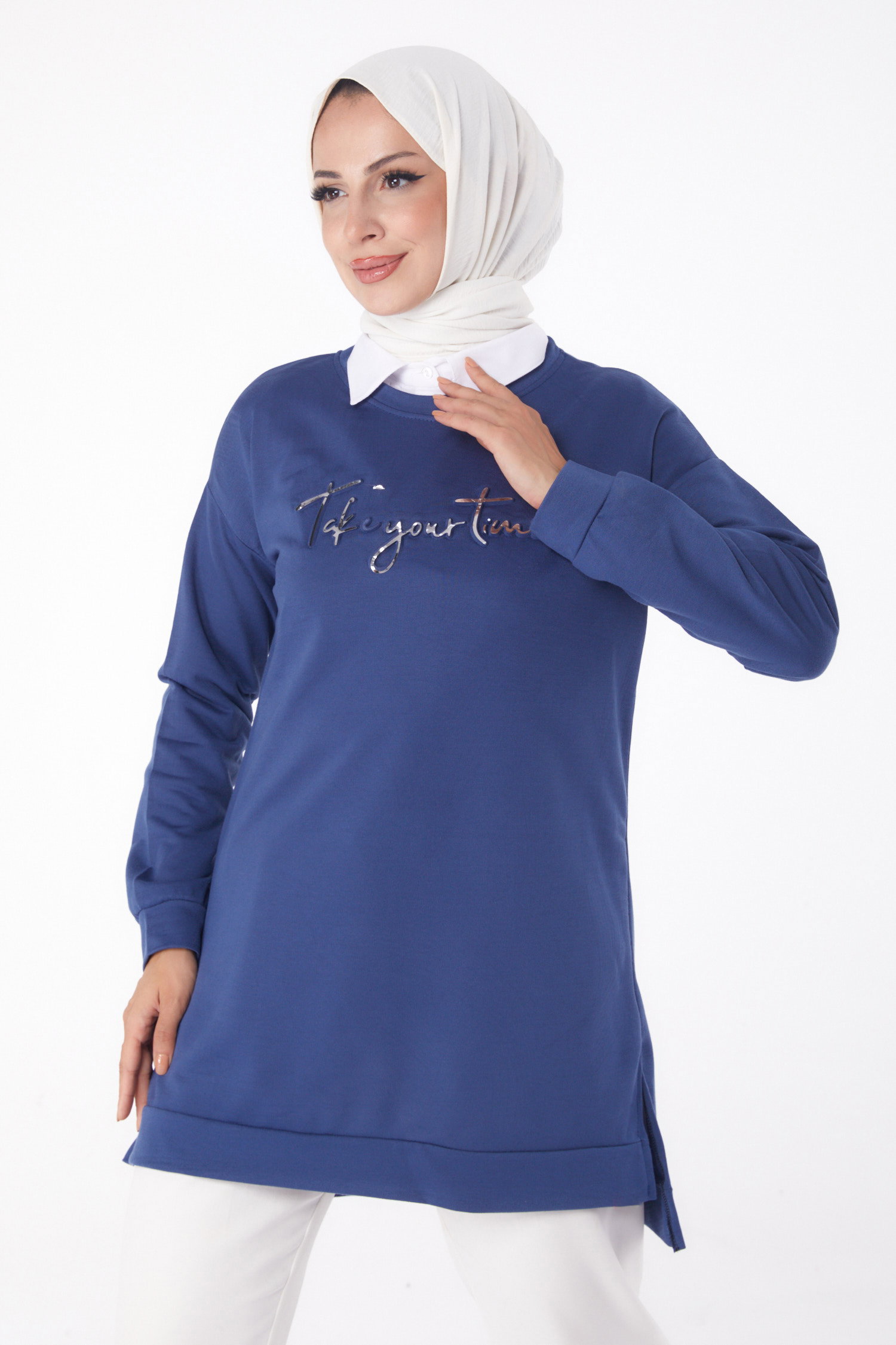 Düz Bisiklet Yaka Kadın Indigo Sweat - 26199 - 3
