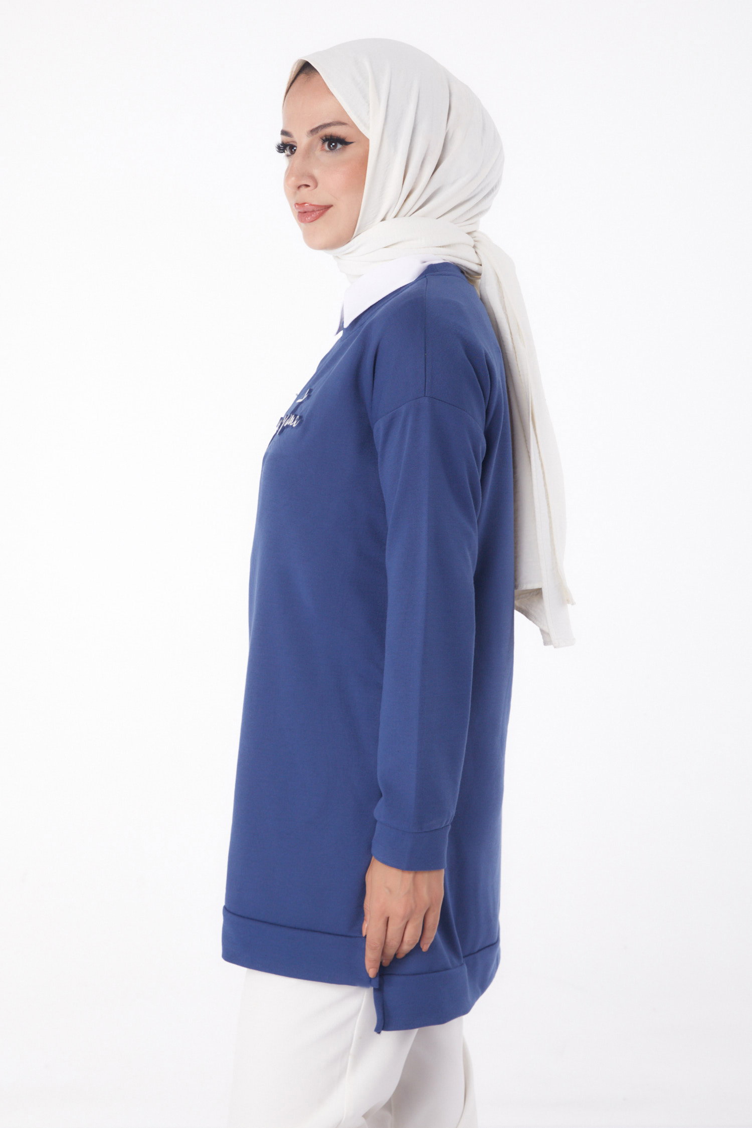 Düz Bisiklet Yaka Kadın Indigo Sweat - 26199 - 4