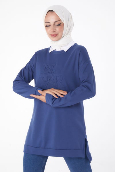 Düz Bisiklet Yaka Kadın Indigo Sweat - 26201 