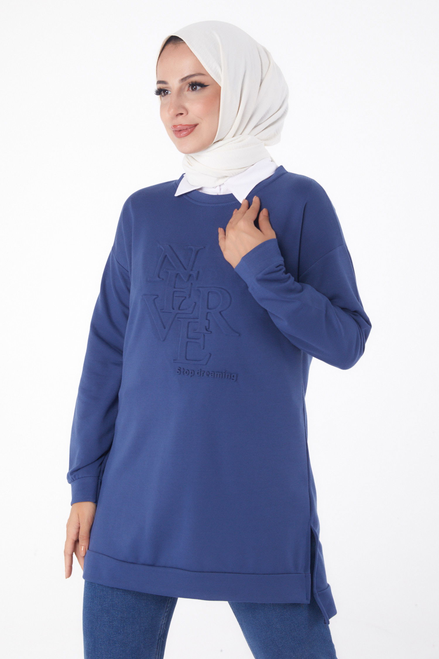 Düz Bisiklet Yaka Kadın Indigo Sweat - 26201 - 2