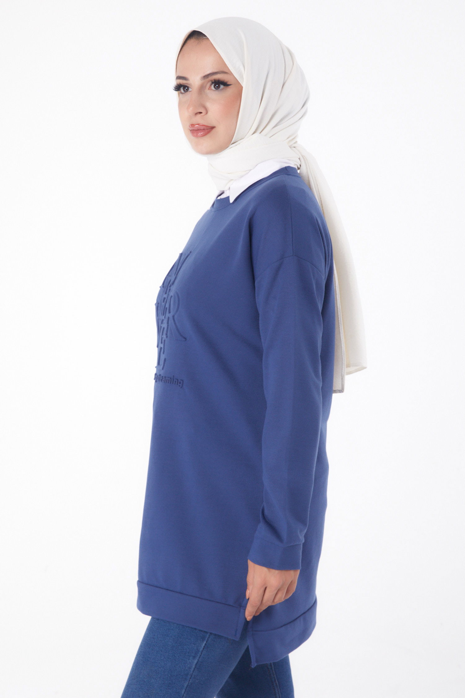 Düz Bisiklet Yaka Kadın Indigo Sweat - 26201 - 3