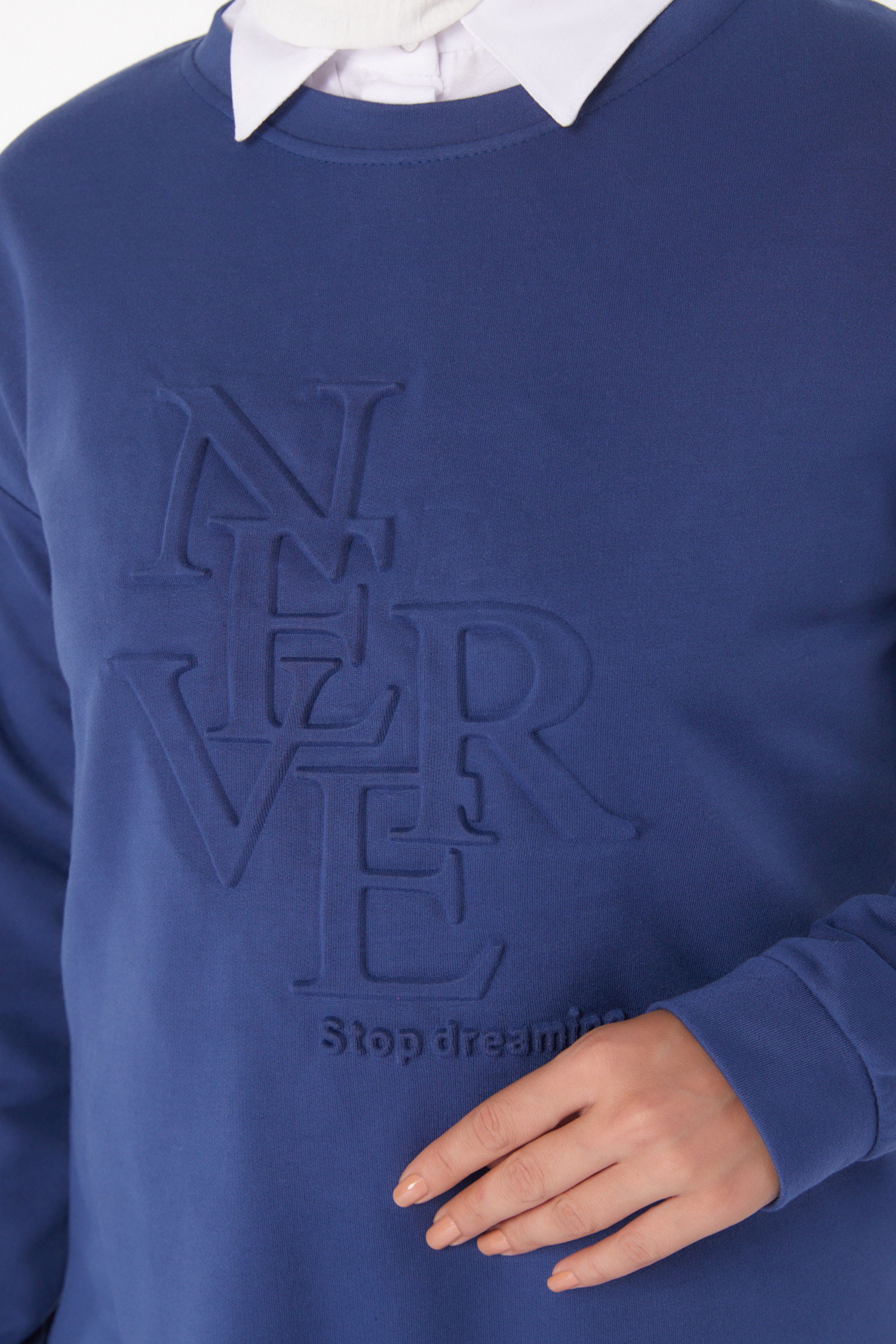 Düz Bisiklet Yaka Kadın Indigo Sweat - 26201 - 5