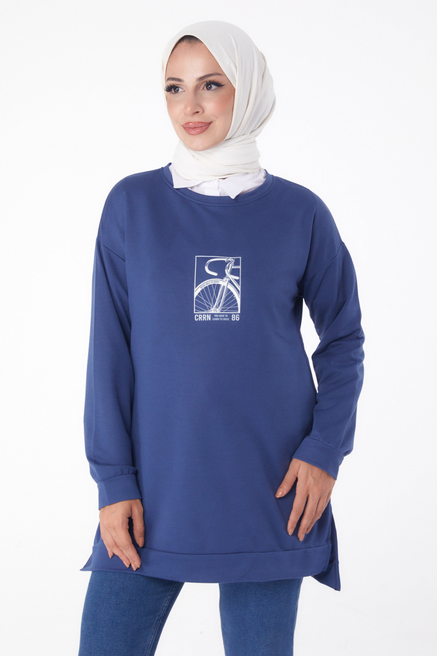 Düz Bisiklet Yaka Kadın Indigo Sweat - 26202 - 1