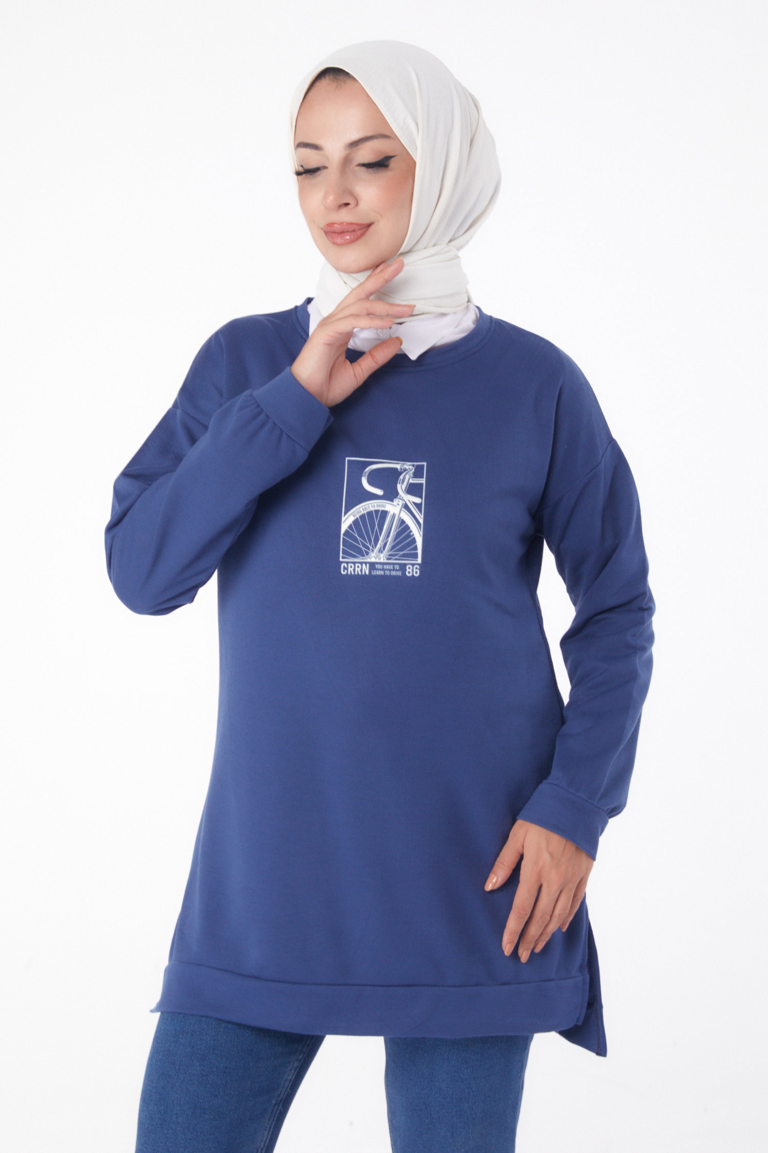 Düz Bisiklet Yaka Kadın Indigo Sweat - 26202 - 2
