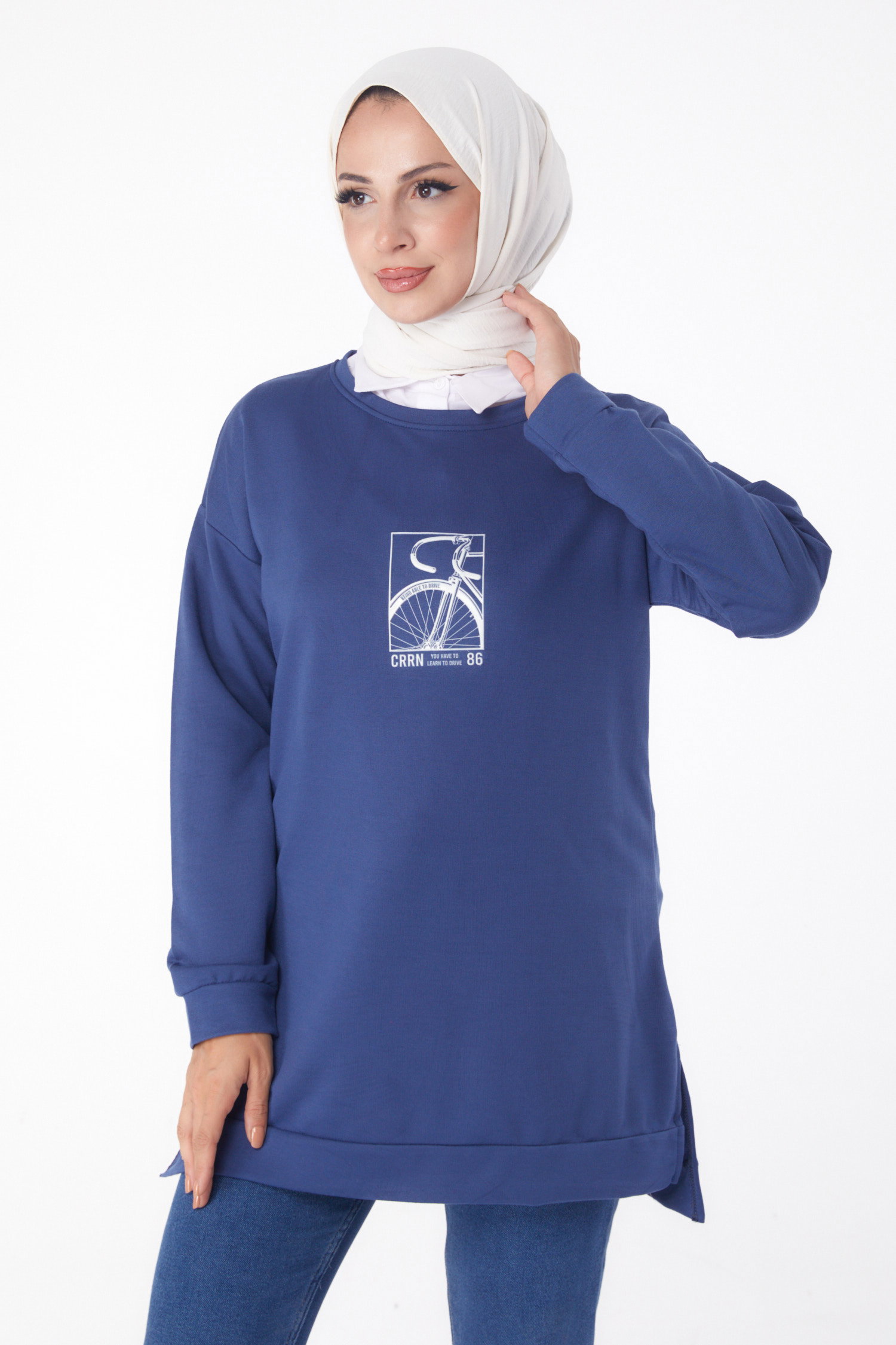 Düz Bisiklet Yaka Kadın Indigo Sweat - 26202 - 3