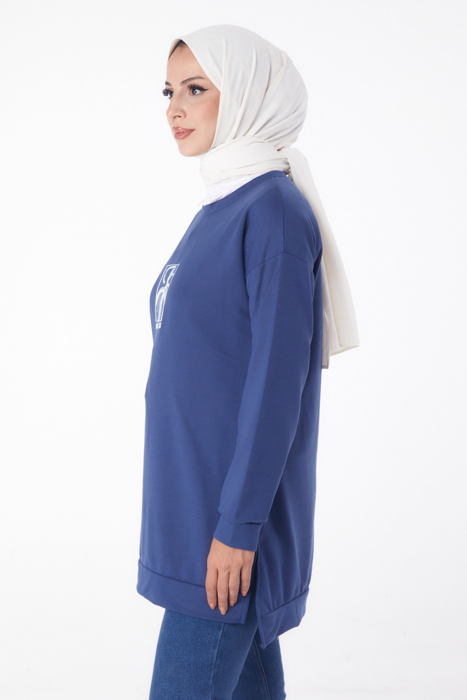 Düz Bisiklet Yaka Kadın Indigo Sweat - 26202 - 4