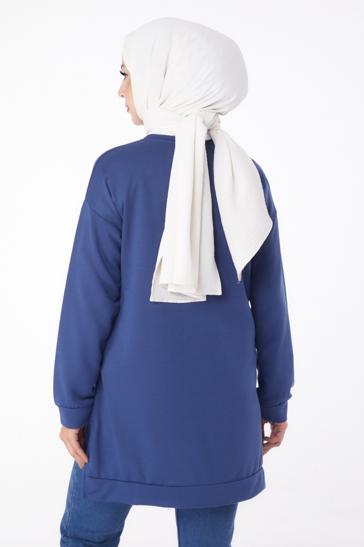 Düz Bisiklet Yaka Kadın Indigo Sweat - 26202 - 5