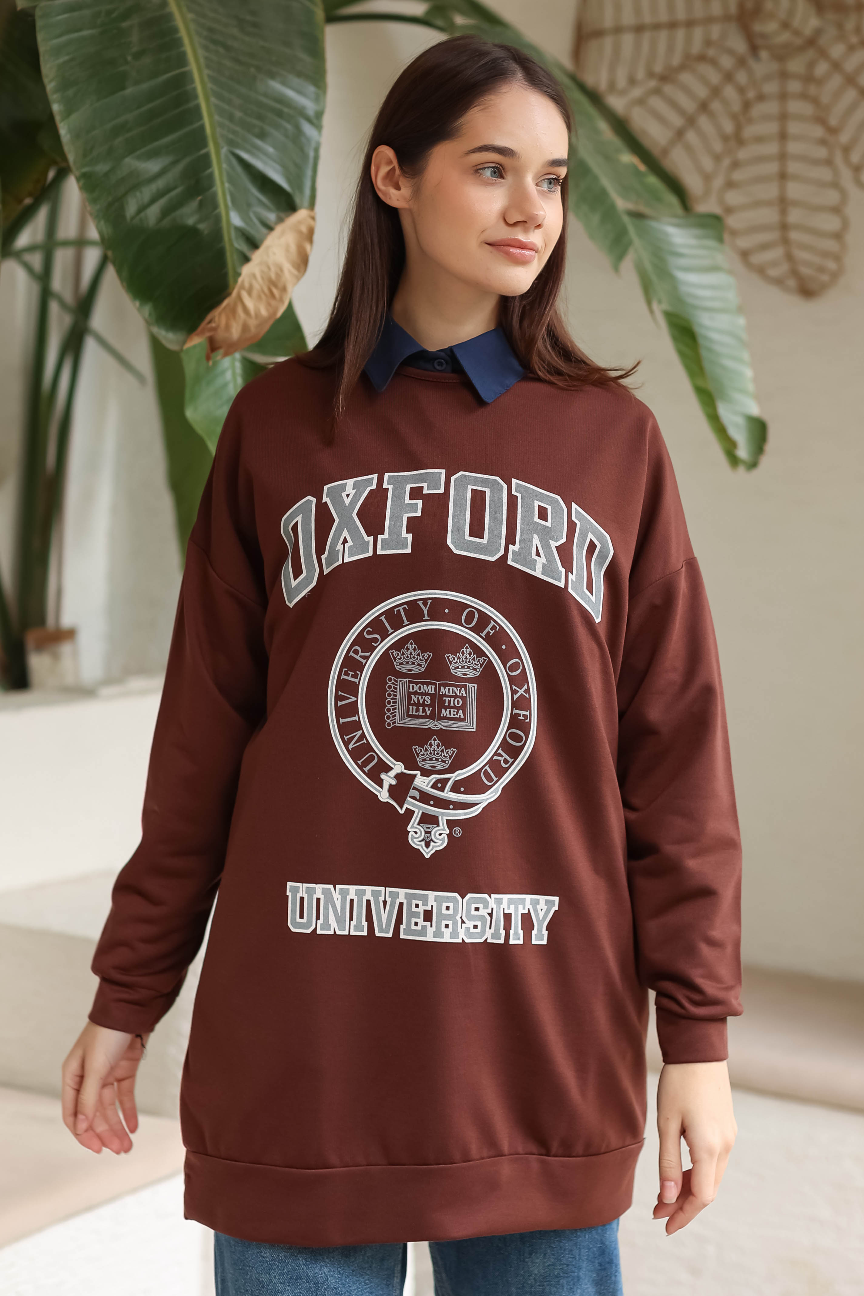 Düz Bisiklet Yaka Kadın Kahve Baskılı Sweatshirt - 13281 - 1