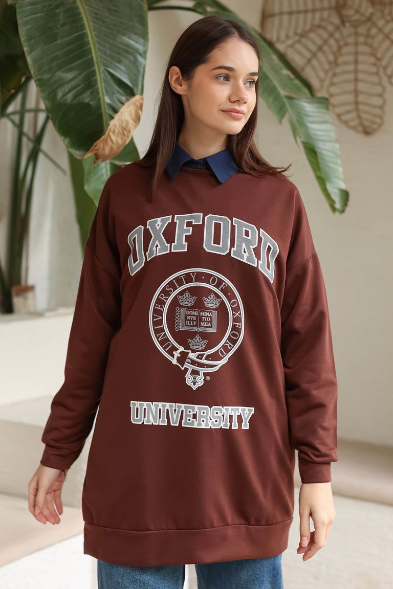 Düz Bisiklet Yaka Kadın Kahve Baskılı Sweatshirt - 13281 - TOFİSA