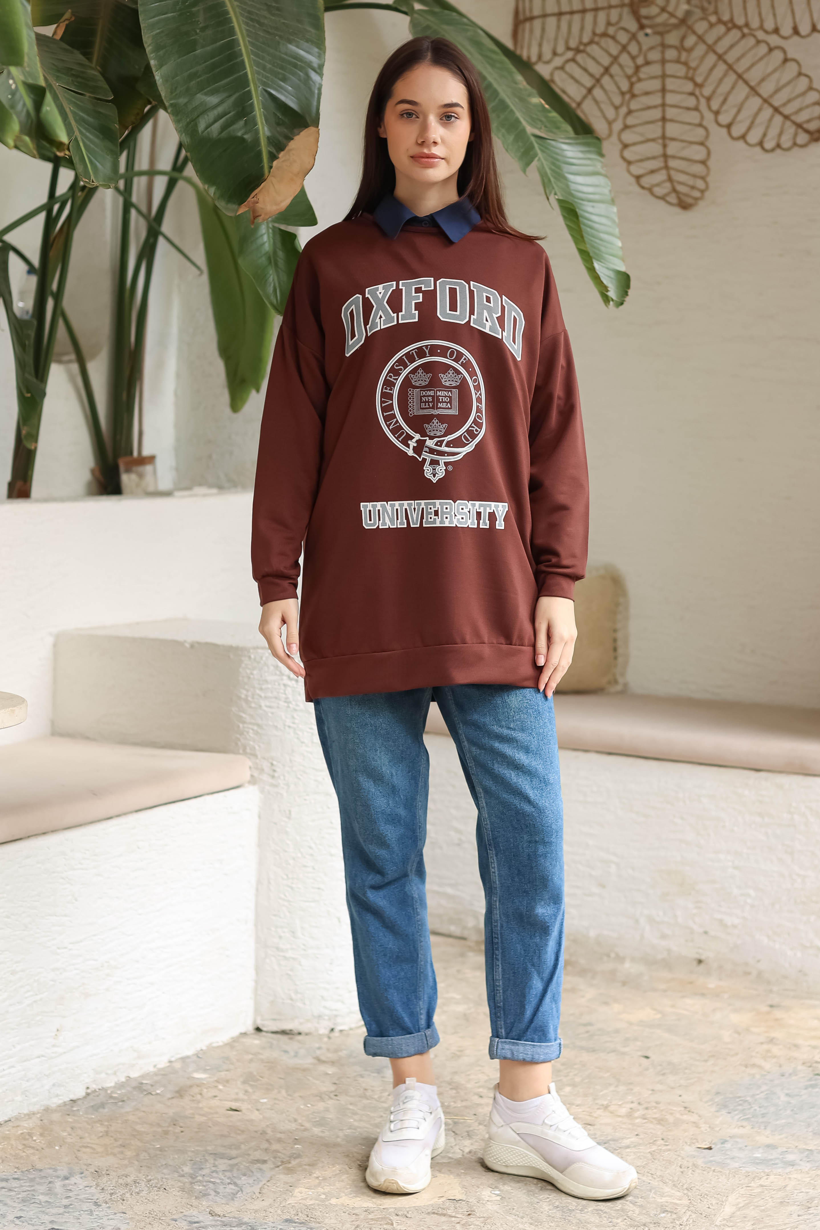 Düz Bisiklet Yaka Kadın Kahve Baskılı Sweatshirt - 13281 - 2